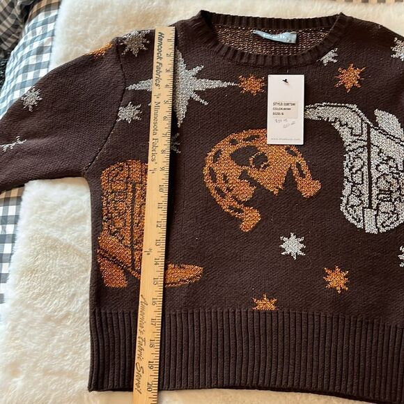 New! Western Metallic Cowboy Sweater Cropped Brown Size Small - Picture 7 of 9